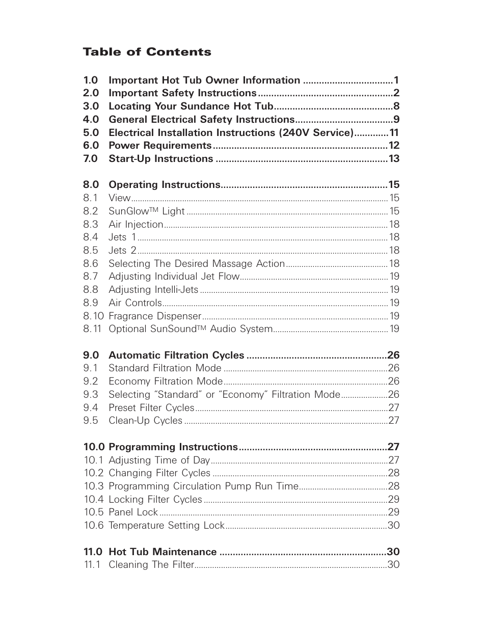 Table of contents (1 of 2) | Sundance Spas 850 User Manual | Page 3 / 52