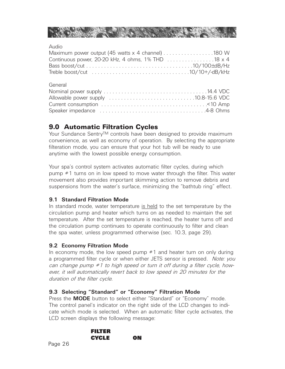 0 automatic filtration cycles, 1 standard filtration mode, 2 economy filtration mode | Automatic filtration cycles, Standard filtration mode, Economy filtration mode, Selecting “standard” or “economy” filtration mode | Sundance Spas 850 User Manual | Page 30 / 52