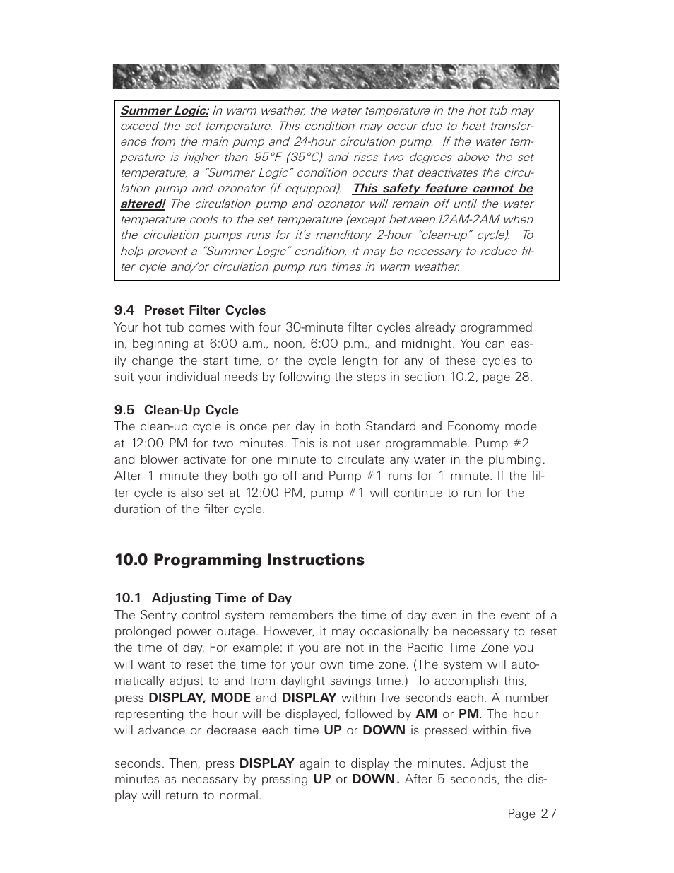 4 preset filter cycles, 5 clean-up cycle, 0 programming instructions | 1 adjusting time of day, Preset filter cycles, Clean-up cycles | Sundance Spas 850 User Manual | Page 31 / 52