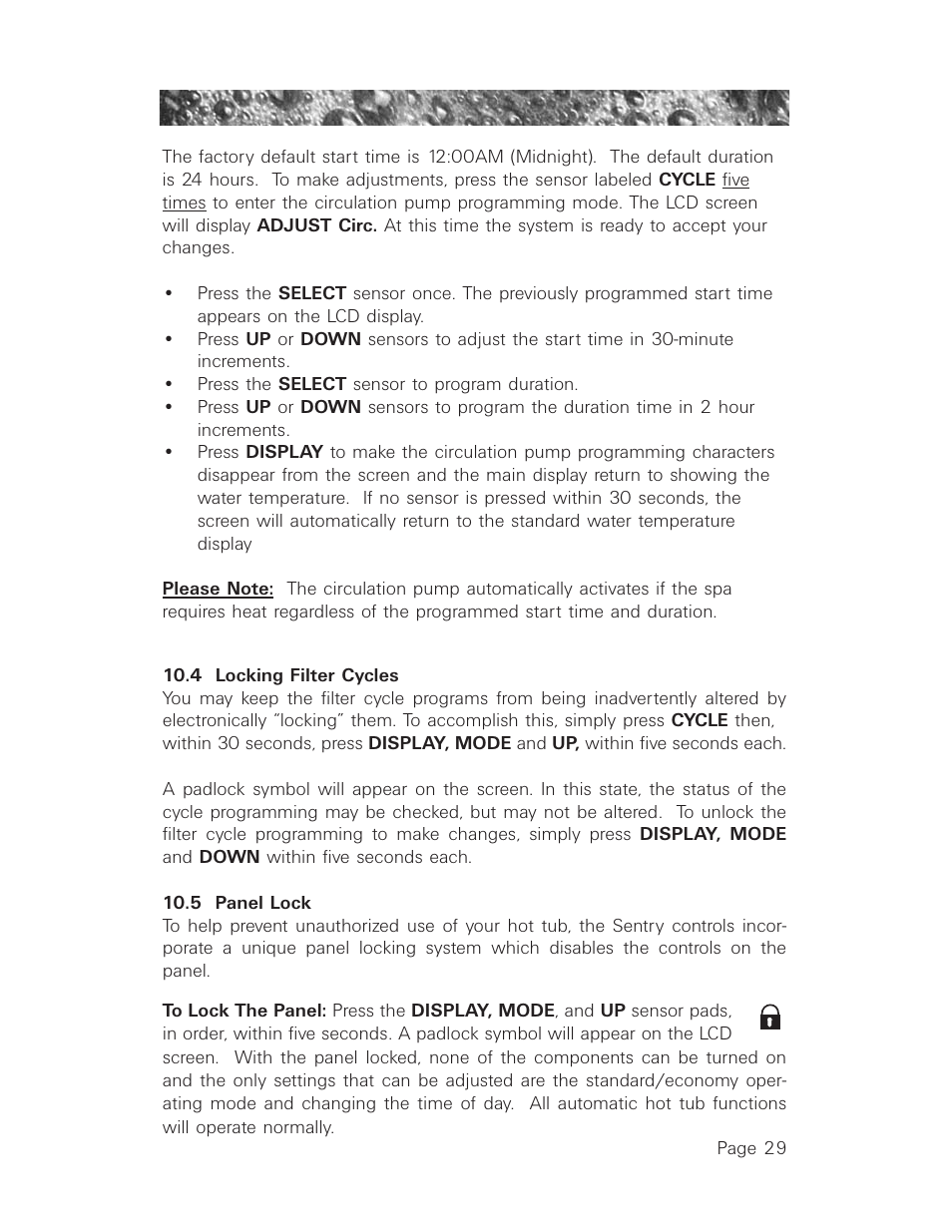 4 locking filter cycles, 5 panel lock, 4 locking filter cycles 10.5 panel lock | Sundance Spas 850 User Manual | Page 33 / 52