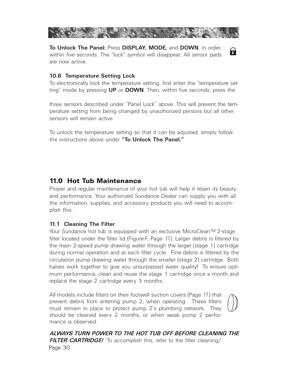 6 temperature setting lock, 0 hot tub maintenance, 1 cleaning the filter | 0 hot tub maintenance 11.1 cleaning the filter | Sundance Spas 850 User Manual | Page 34 / 52