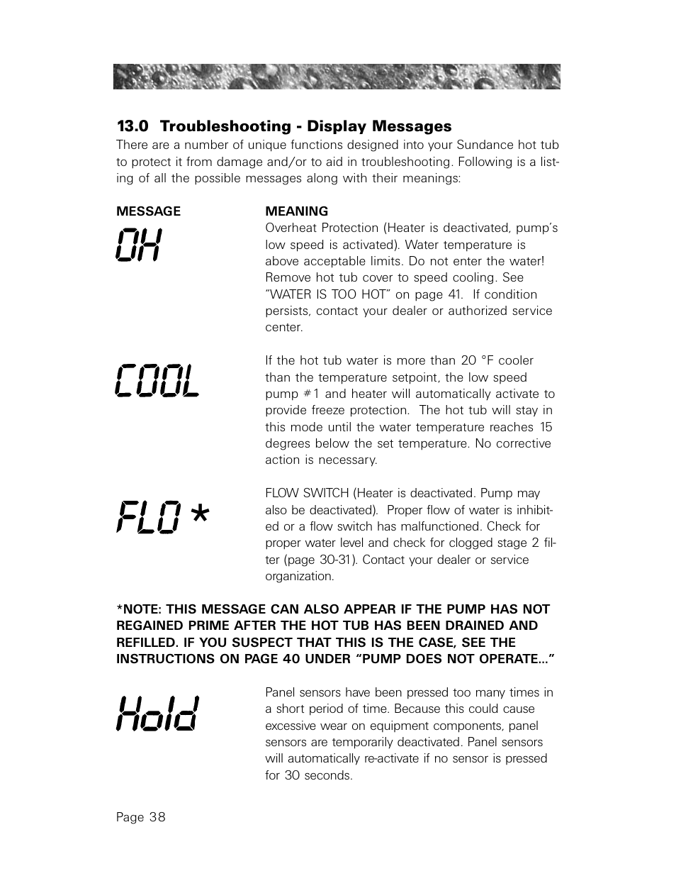 0 troubleshooting - display messages, Cool, Hold | Sundance Spas 850 User Manual | Page 42 / 52