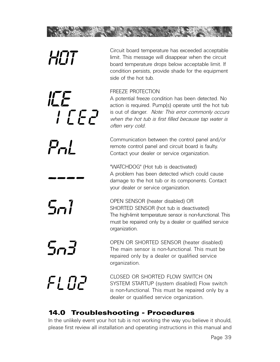 Ice or ice2, Flo2, 0 troubleshooting - procedures | Sundance Spas 850 User Manual | Page 43 / 52