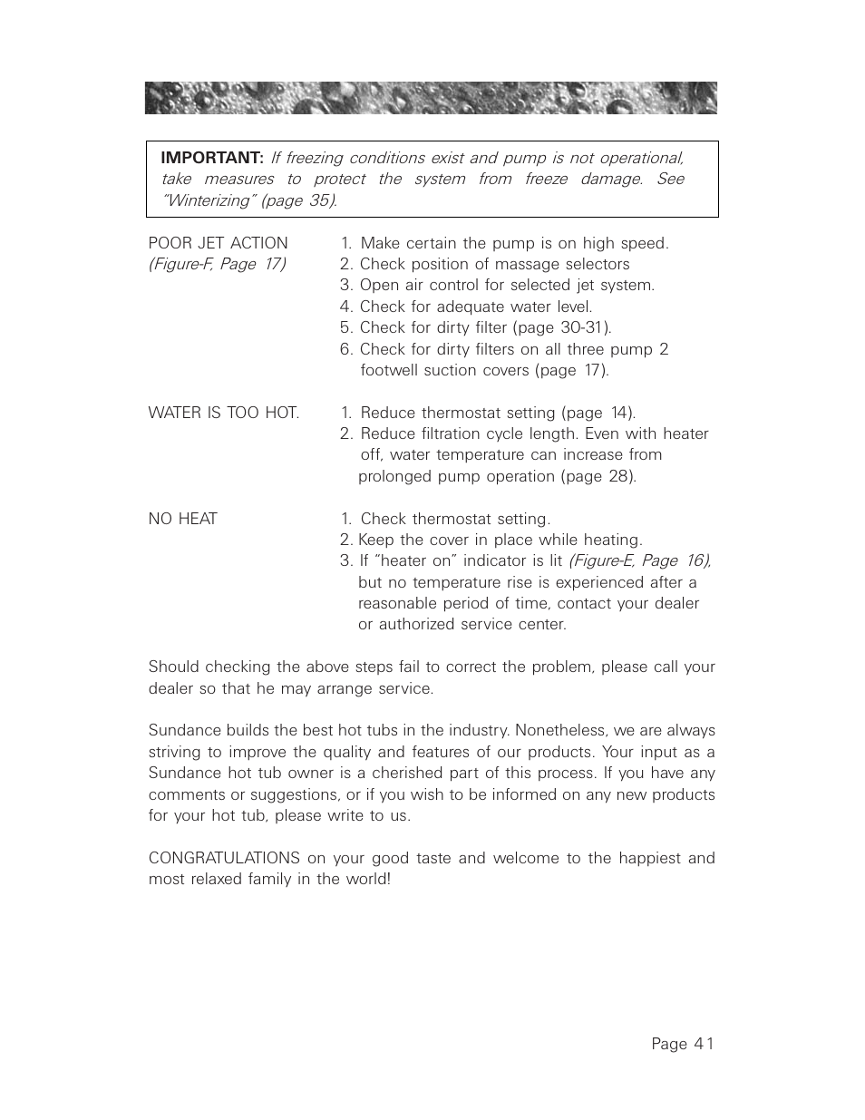 Poor jet action, Water is too hot, No heat | Sundance Spas 850 User Manual | Page 45 / 52