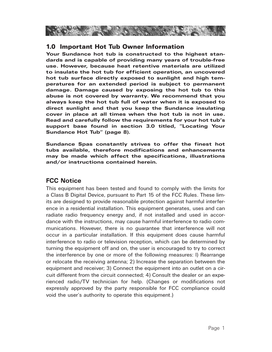 0 important hot tub owner information, Fcc notice, Important hot tub owner information | Sundance Spas 850 User Manual | Page 5 / 52