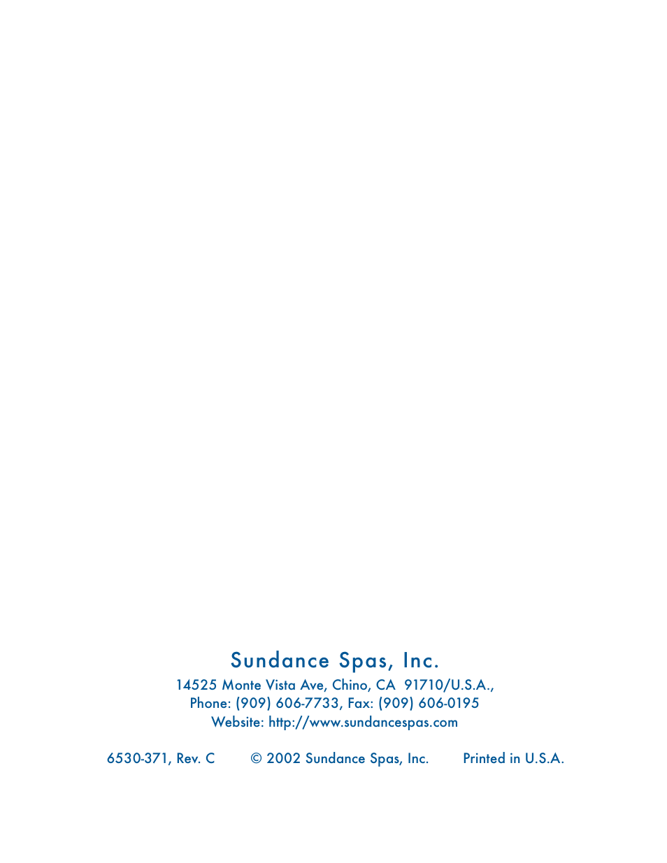 Rear cover / company address, Sundance spas, inc | Sundance Spas 850 User Manual | Page 52 / 52