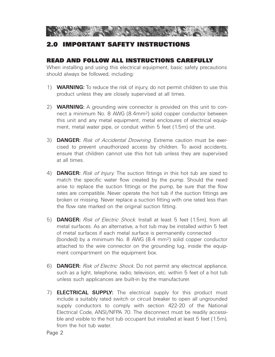 0 important safety instructions, Important safety instructions | Sundance Spas 850 User Manual | Page 6 / 52