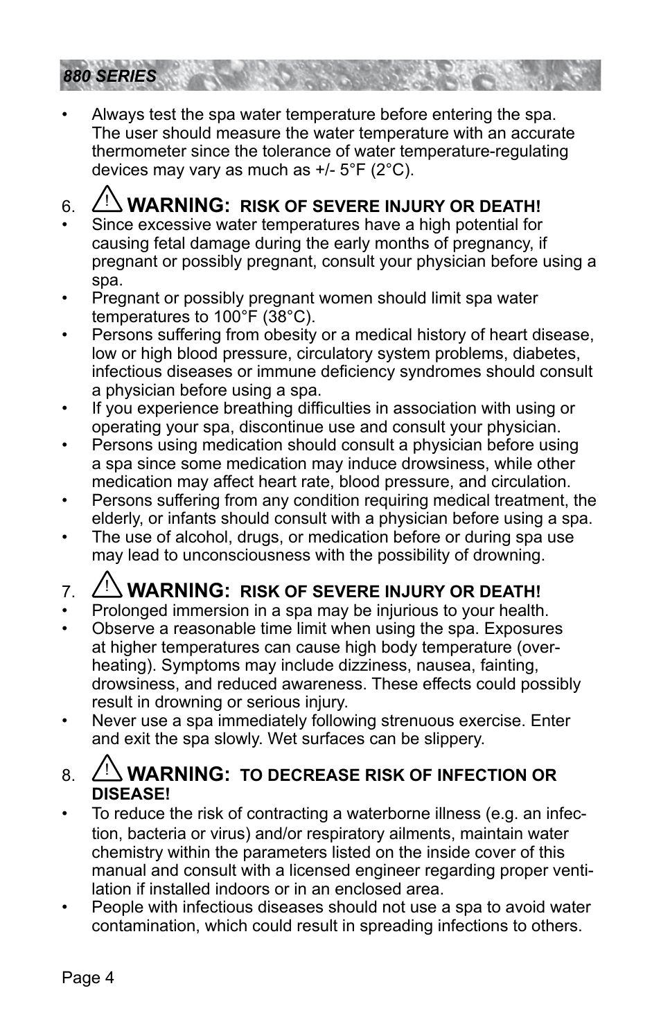 Warning | Sundance Spas ALTAMAR 880 User Manual | Page 10 / 92