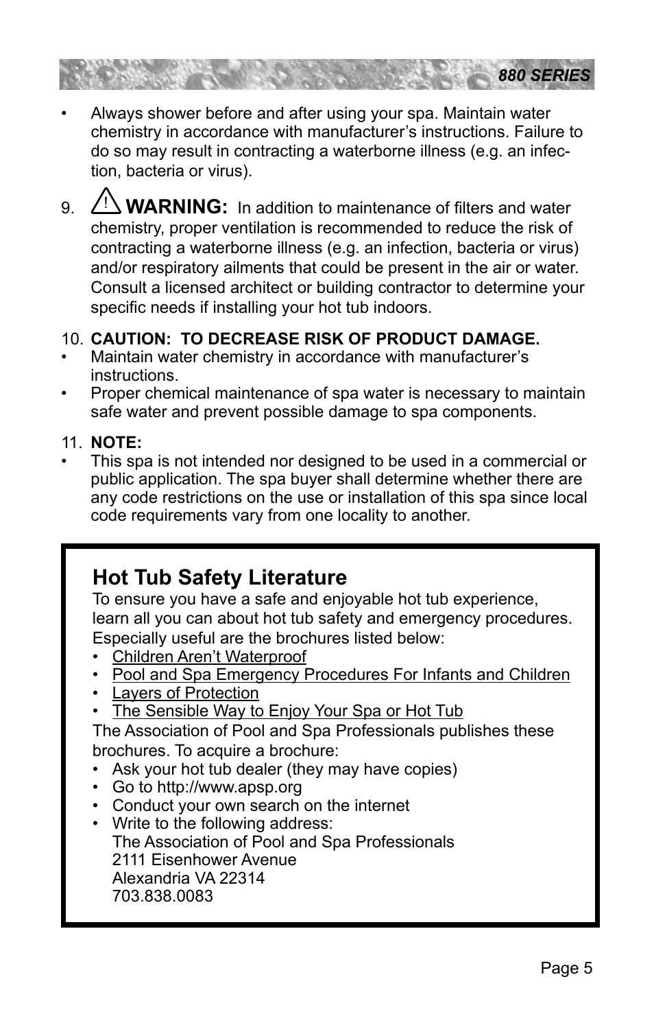 Hot tub safety literature, Warning | Sundance Spas ALTAMAR 880 User Manual | Page 11 / 92