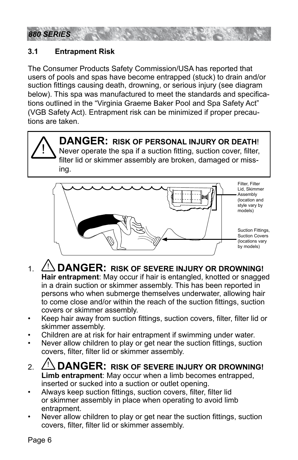 1 entrapment risk, Entrapment risk, Danger | Sundance Spas ALTAMAR 880 User Manual | Page 12 / 92
