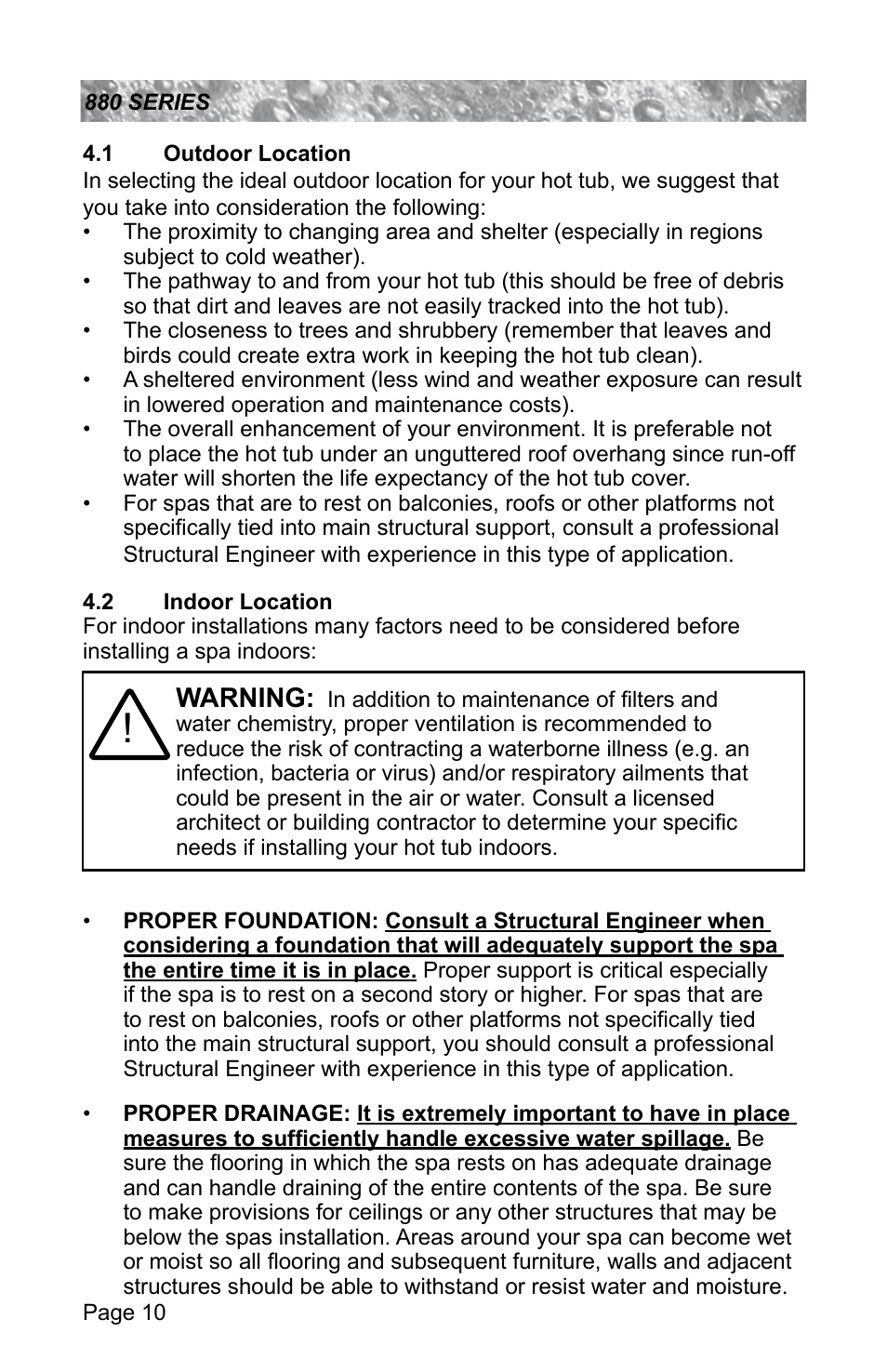 1 outdoor location, 2 indoor location, Outdoor location | Indoor location, Warning | Sundance Spas ALTAMAR 880 User Manual | Page 16 / 92