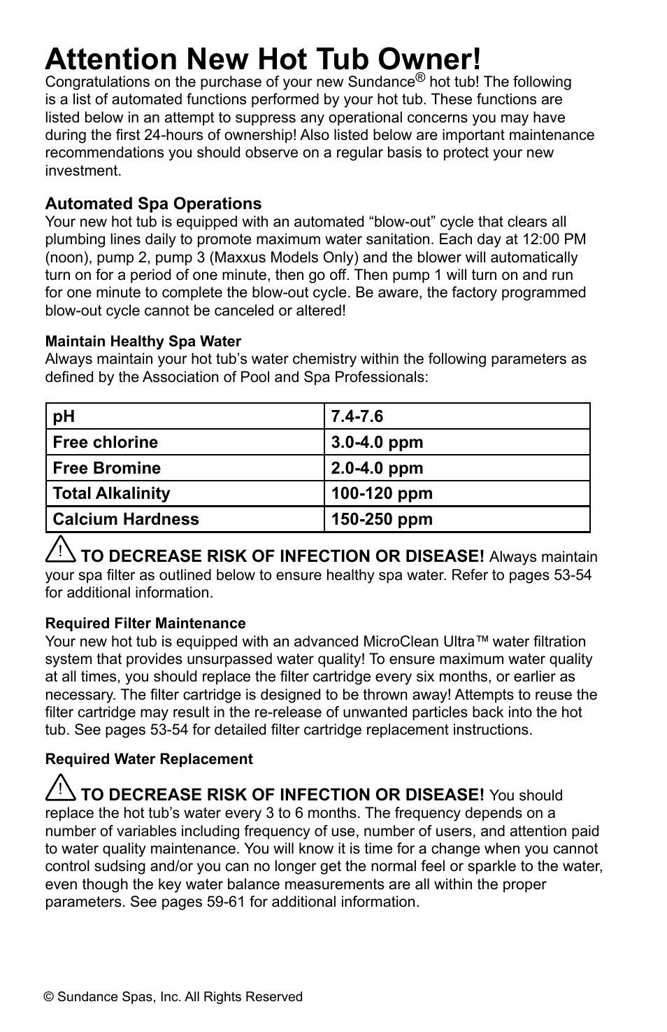 Attention new hot tub owner | Sundance Spas ALTAMAR 880 User Manual | Page 2 / 92