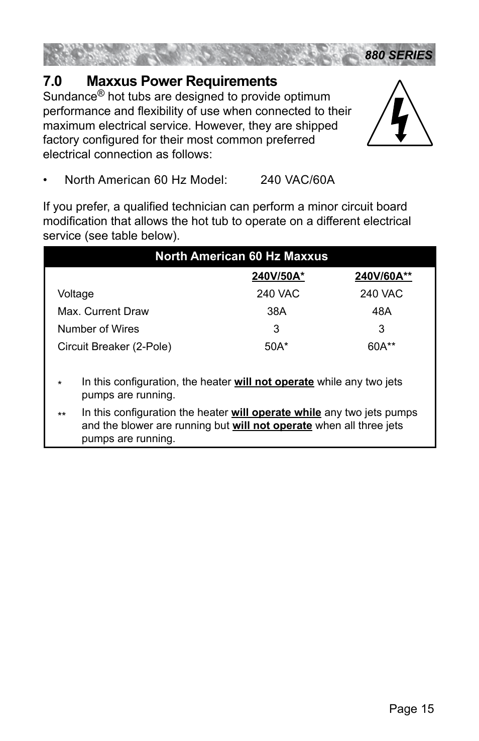 0 maxxus power requirements, Maxxus power requirements | Sundance Spas ALTAMAR 880 User Manual | Page 21 / 92