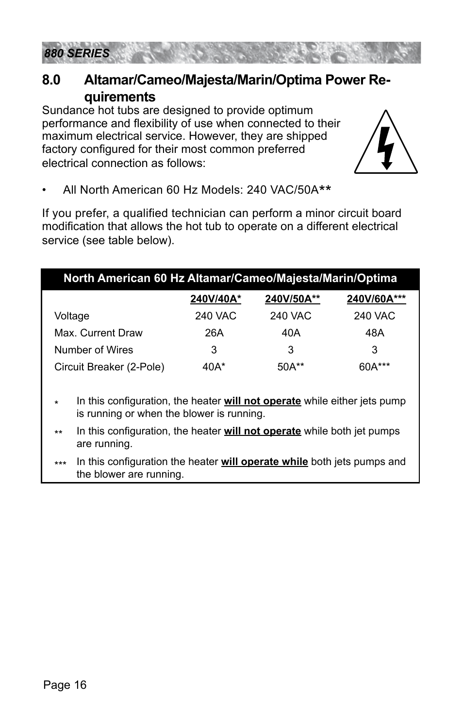 Altamar/cameo/majesta/marin/optima, Power requirements | Sundance Spas ALTAMAR 880 User Manual | Page 22 / 92