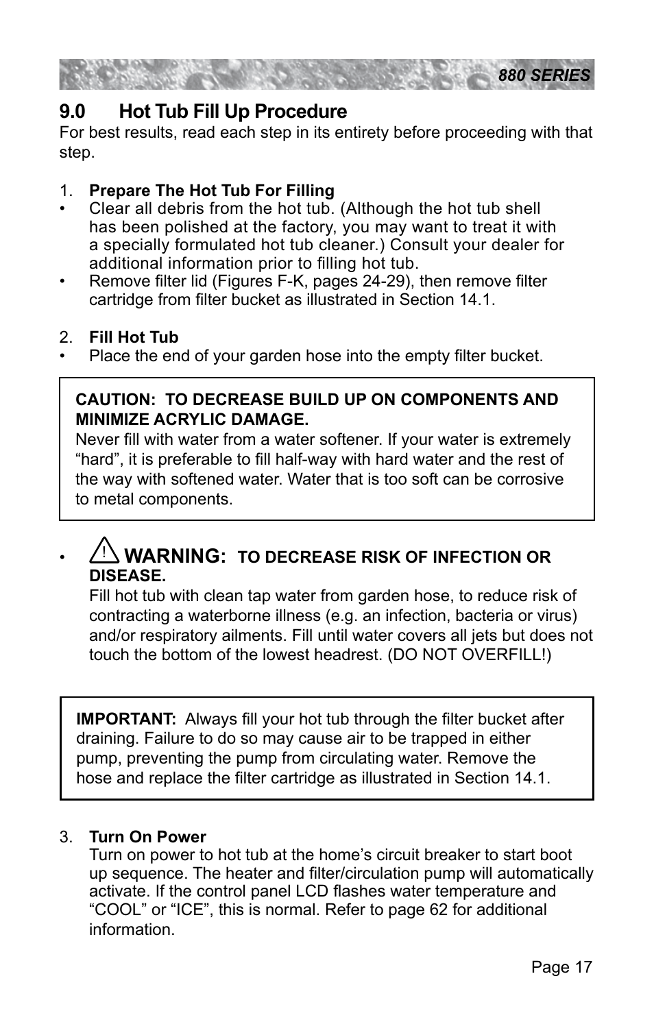 0 hot tub fill up procedure, Hot tub fill up procedure, Warning | Sundance Spas ALTAMAR 880 User Manual | Page 23 / 92