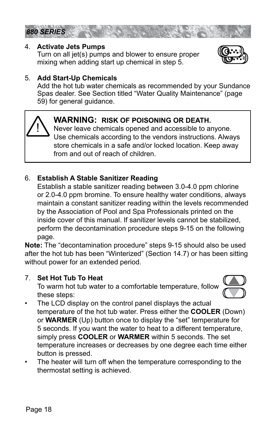 Warning | Sundance Spas ALTAMAR 880 User Manual | Page 24 / 92