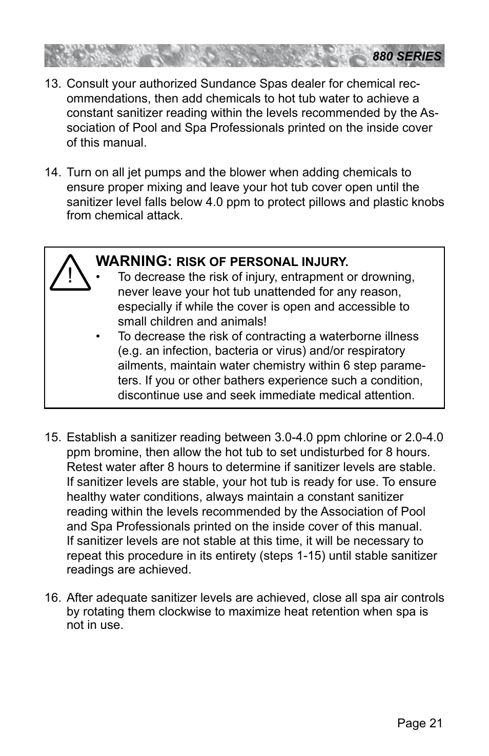 Warning | Sundance Spas ALTAMAR 880 User Manual | Page 27 / 92