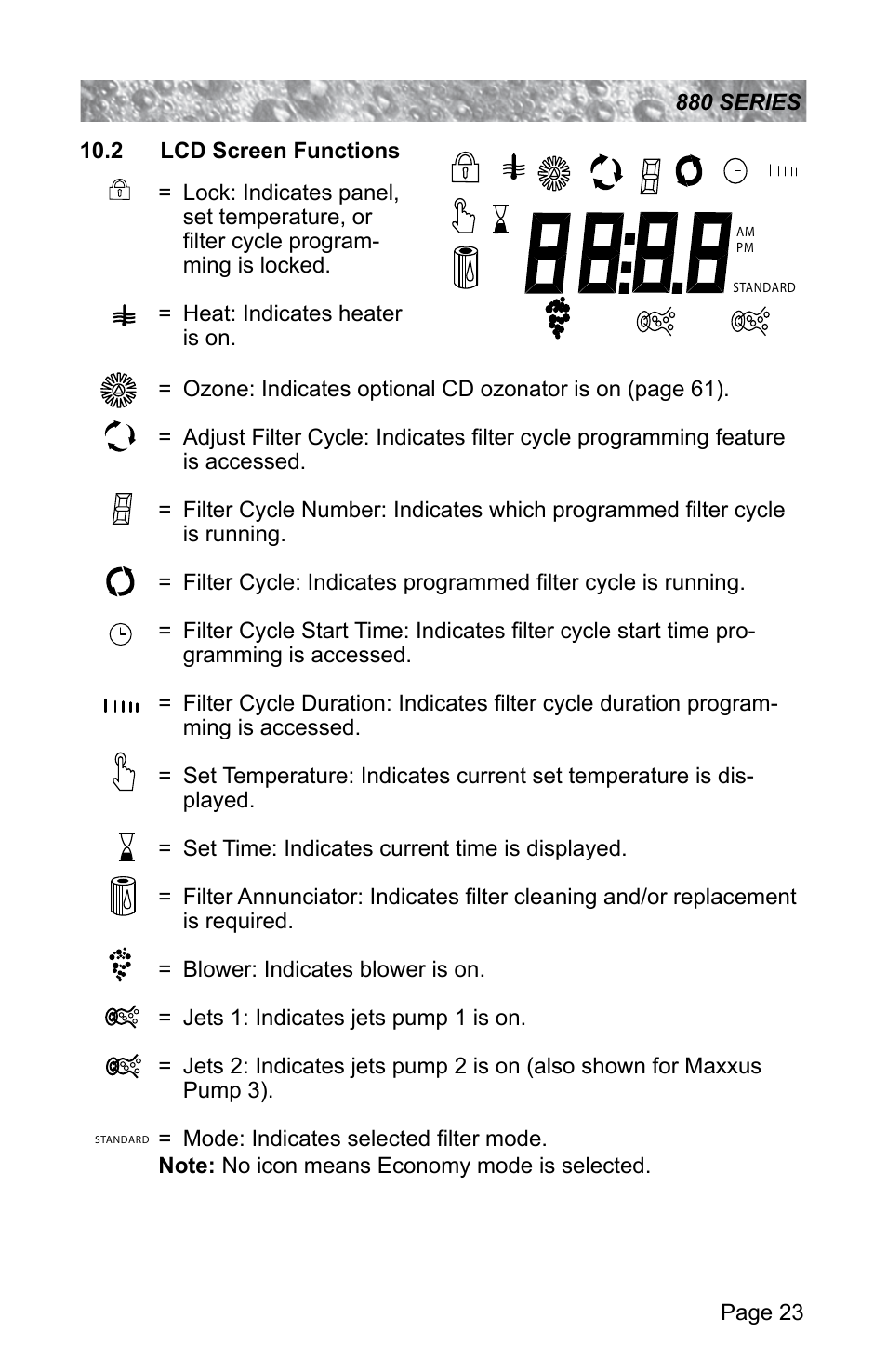 2 lcd screen functions | Sundance Spas ALTAMAR 880 User Manual | Page 29 / 92