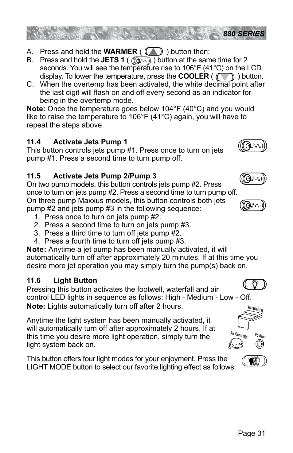 4 activate jets pump 1, 5 activate jets pump 2/pump 3, 6 light button | Activate jets pump 1, Activate jets pump 2/pump 3, Light button | Sundance Spas ALTAMAR 880 User Manual | Page 37 / 92