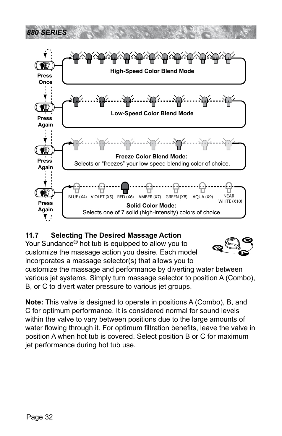 7 selecting the desired massage action, Selecting the desired massage action | Sundance Spas ALTAMAR 880 User Manual | Page 38 / 92
