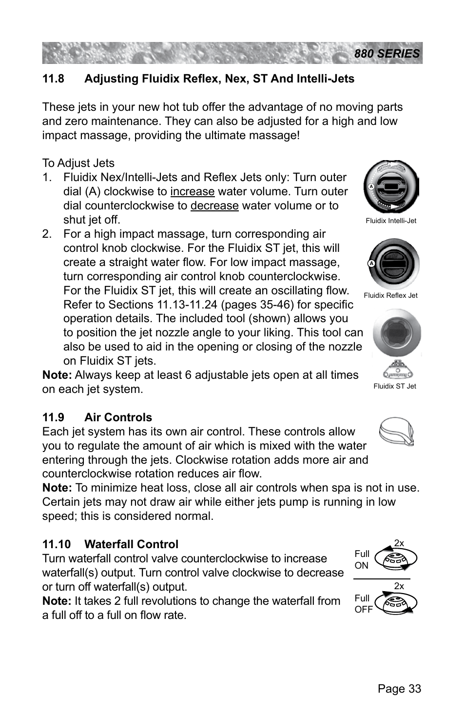 9 air controls, 10 waterfall control, Adjusting fluidix reflex, nex, st and intelli-jets | Air controls | Sundance Spas ALTAMAR 880 User Manual | Page 39 / 92