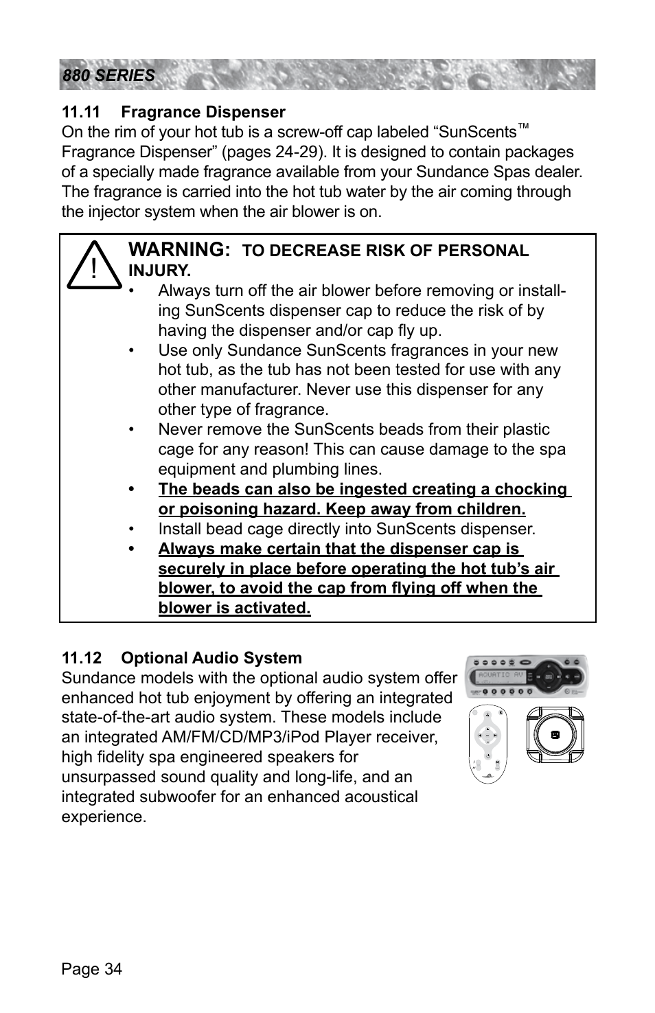 11 fragrance dispenser, 12 optional audio system, Warning | Sundance Spas ALTAMAR 880 User Manual | Page 40 / 92