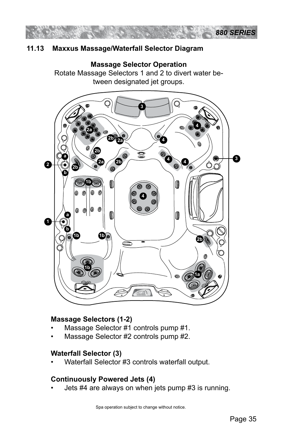 13 maxxus massage/waterfall selector diagram | Sundance Spas ALTAMAR 880 User Manual | Page 41 / 92