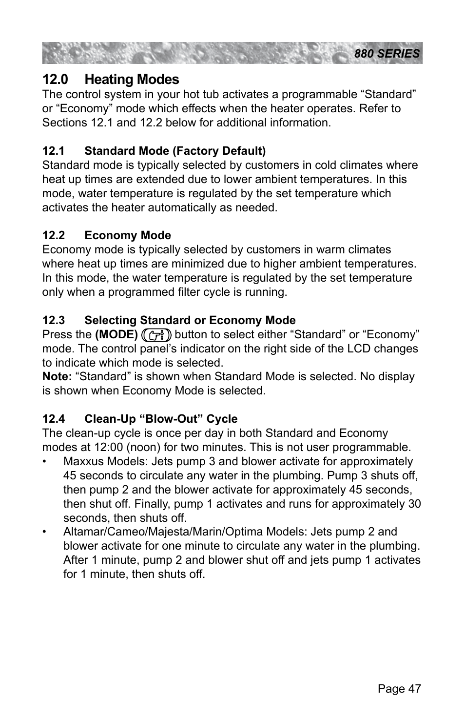 0 heating modes, 1 standard mode (factory default), 2 economy mode | 3 selecting standard or economy mode, 4 clean-up “blow-out” cycle | Sundance Spas ALTAMAR 880 User Manual | Page 53 / 92
