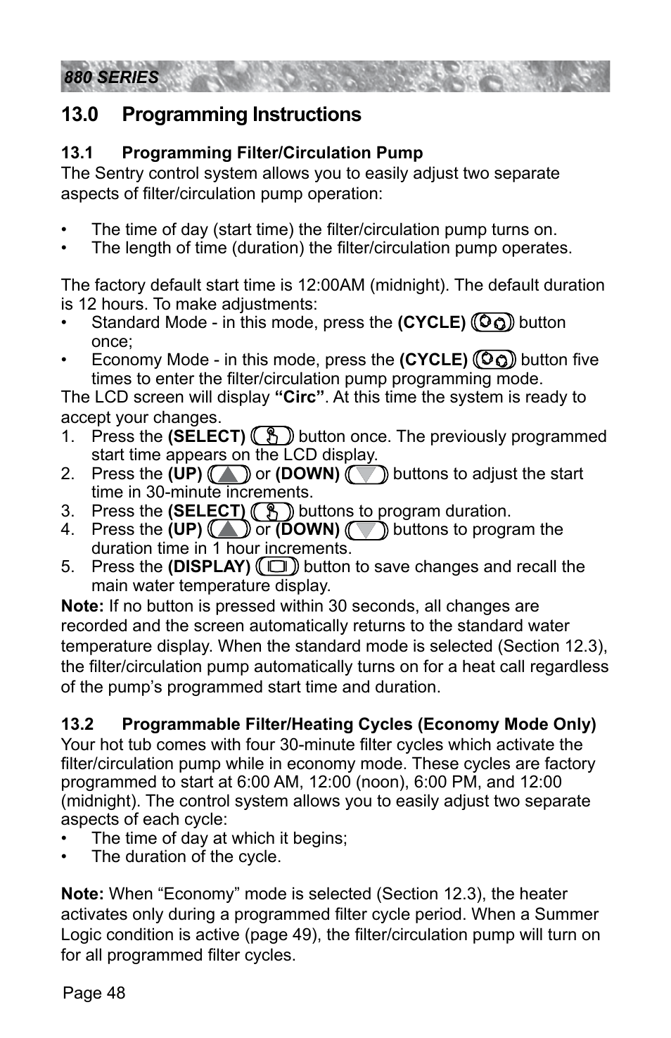 0 programming instructions, 1 programming filter/circulation pump | Sundance Spas ALTAMAR 880 User Manual | Page 54 / 92