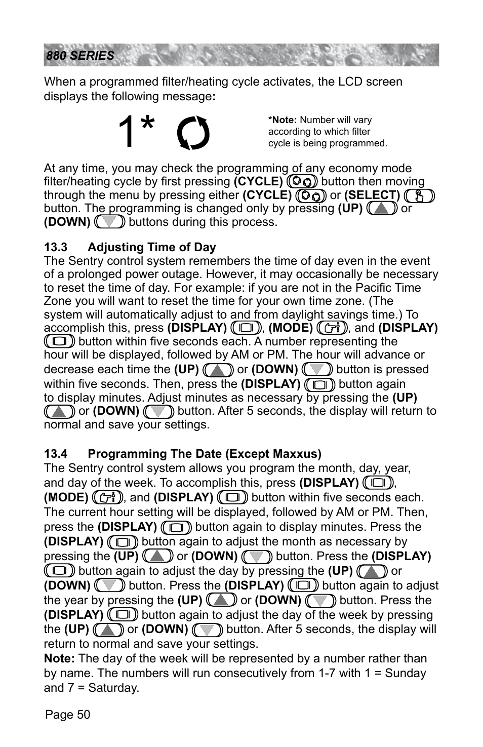 3 adjusting time of day, 4 programming the date (except maxxus) | Sundance Spas ALTAMAR 880 User Manual | Page 56 / 92