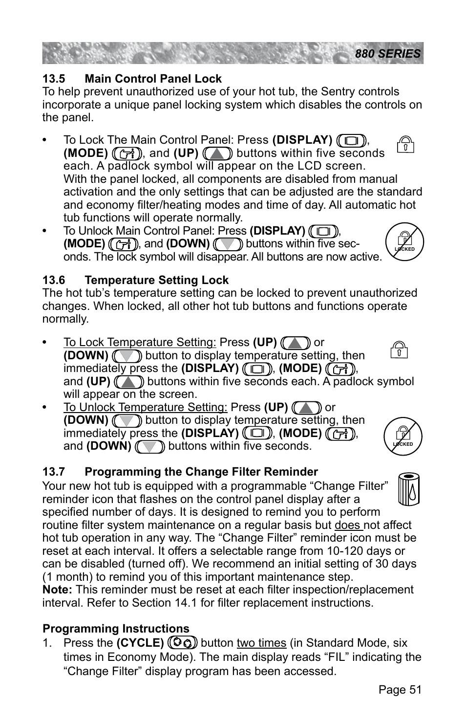 5 main control panel lock, 6 temperature setting lock, 7 programming the change filter reminder | Sundance Spas ALTAMAR 880 User Manual | Page 57 / 92