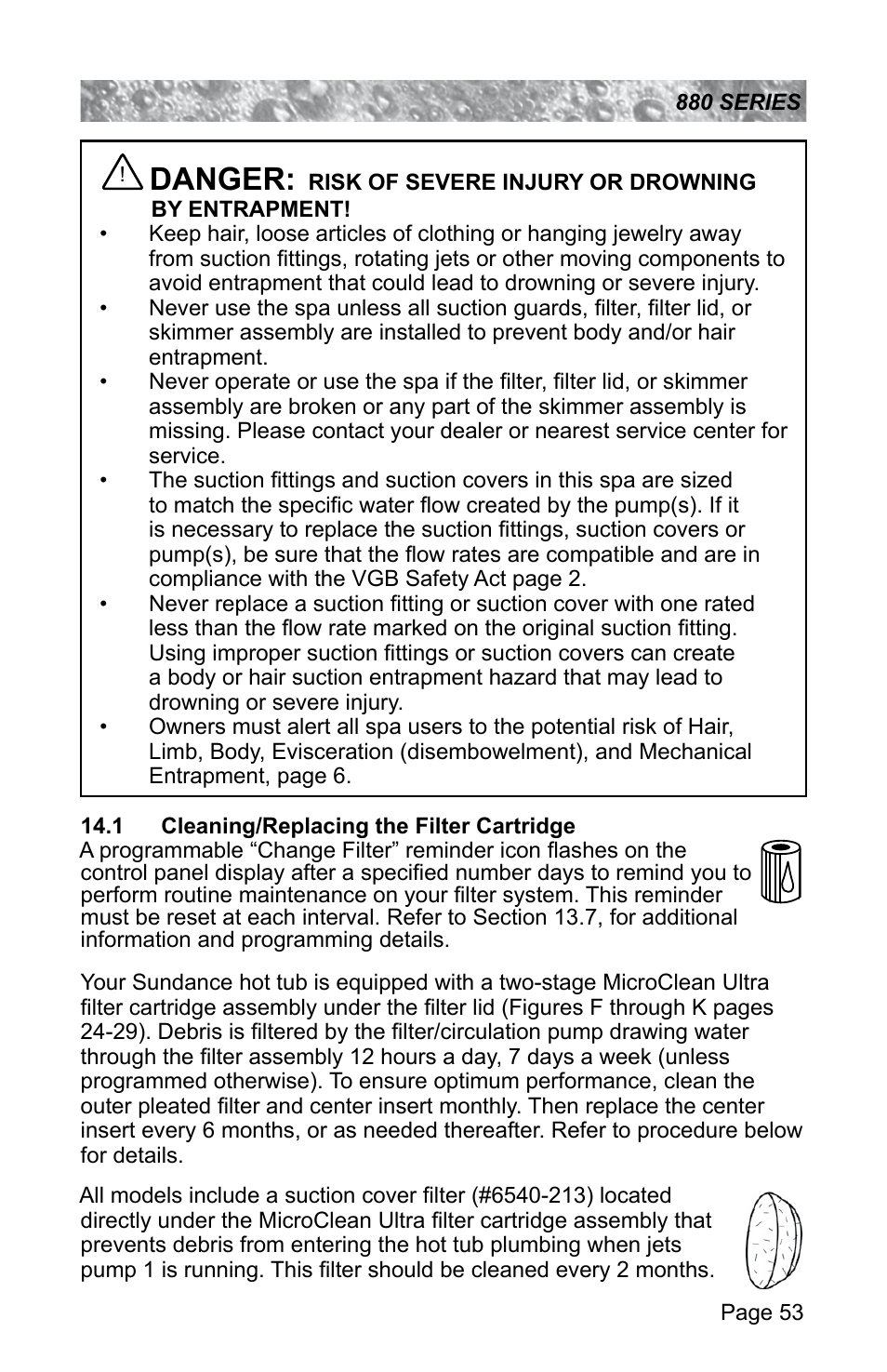 1 cleaning/replacing the filter cartridge, Danger | Sundance Spas ALTAMAR 880 User Manual | Page 59 / 92