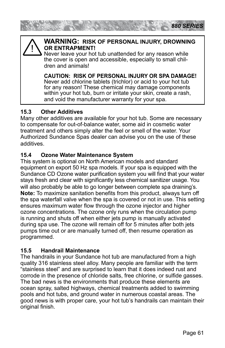 3 other additives, 4 ozone water maintenance system, 5 handrail maintenance | 61 for additional information, Warning | Sundance Spas ALTAMAR 880 User Manual | Page 67 / 92