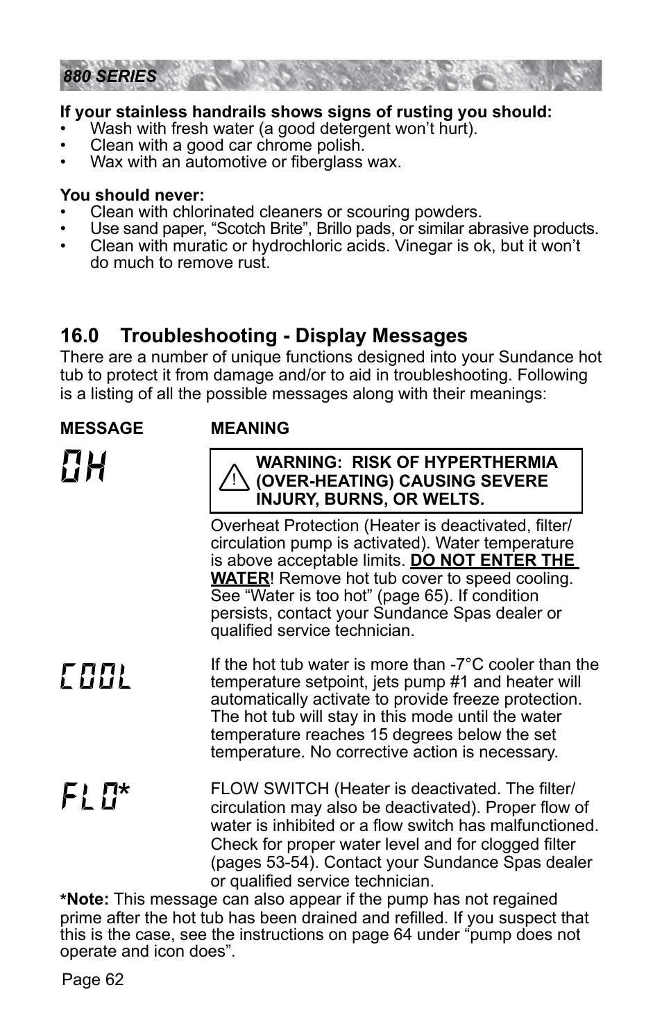 0 troubleshooting - display messages, 62 for additional | Sundance Spas ALTAMAR 880 User Manual | Page 68 / 92