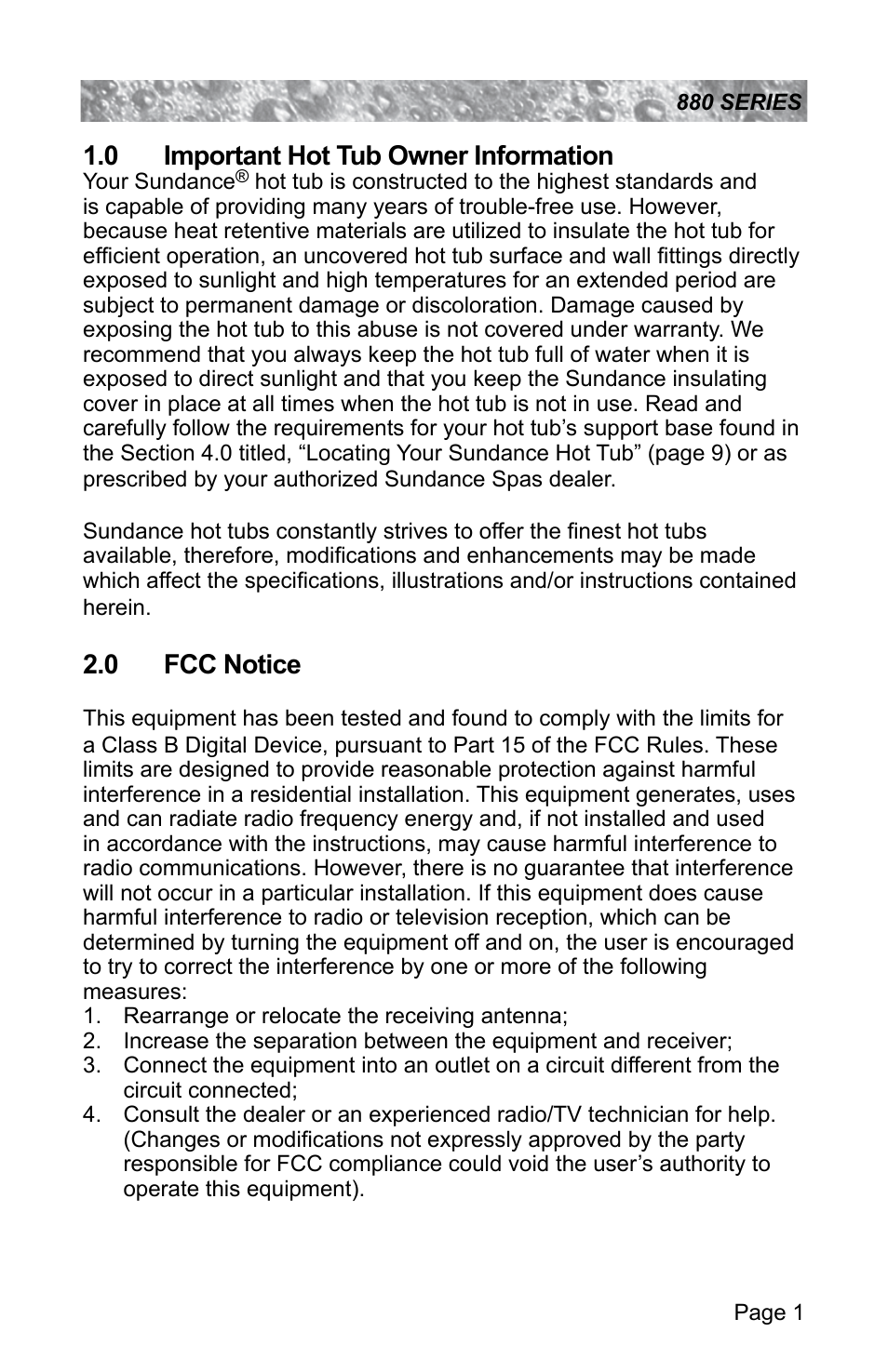 0 important hot tub owner information, 0 fcc notice, Important hot tub owner information | Fcc notice | Sundance Spas ALTAMAR 880 User Manual | Page 7 / 92