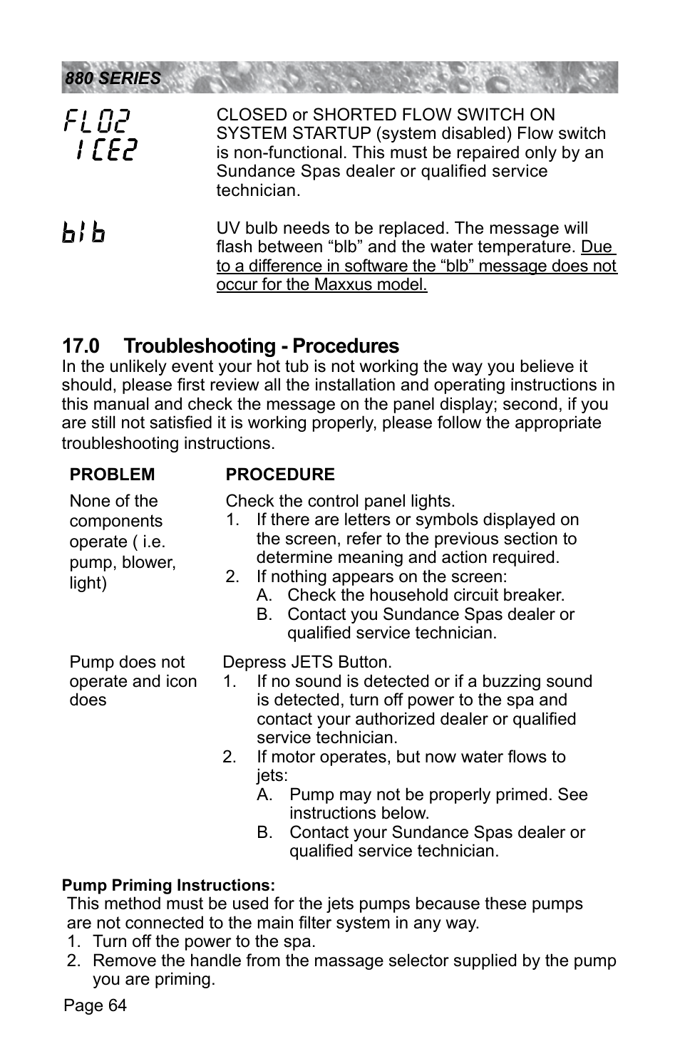 0 troubleshooting - procedures | Sundance Spas ALTAMAR 880 User Manual | Page 70 / 92