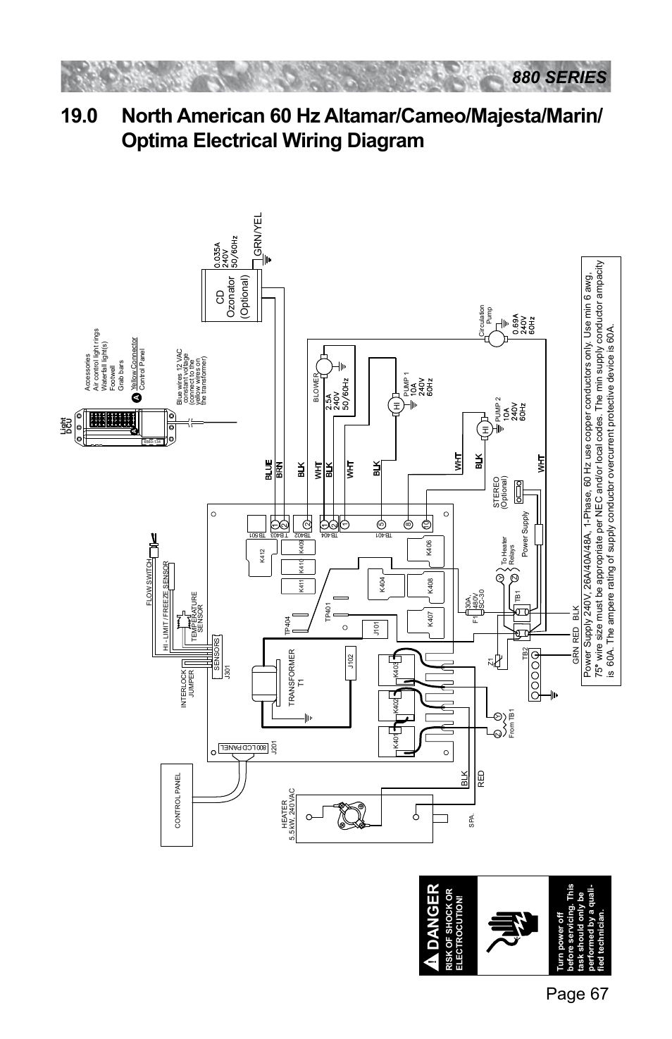 0 north american 60 hz altamar/cameo, Majesta/marin/optima electrical wiring diagram, Danger | Sundance Spas ALTAMAR 880 User Manual | Page 73 / 92