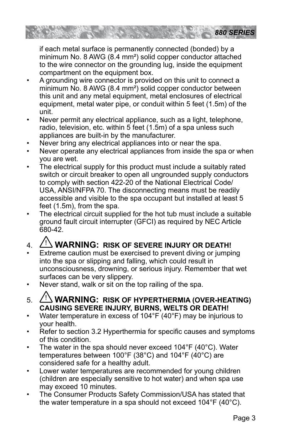 Warning | Sundance Spas ALTAMAR 880 User Manual | Page 9 / 92
