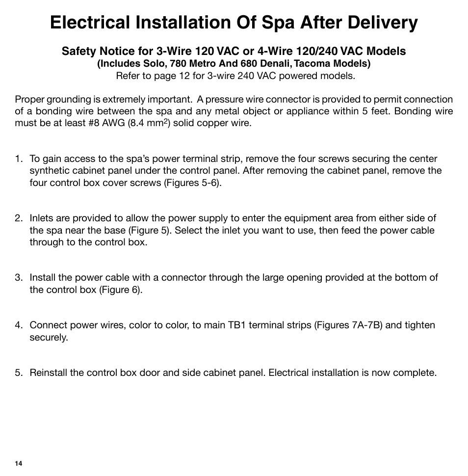 Electrical installation of spa after delivery | Sundance Spas 850 Series User Manual | Page 14 / 24