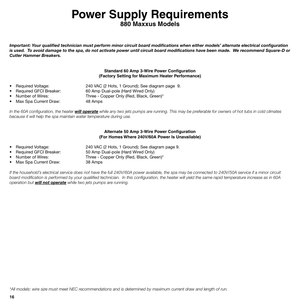 Power supply requirements, 0 maxxus models | Sundance Spas 850 Series User Manual | Page 16 / 24