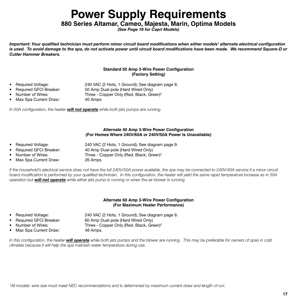 Power supply requirements | Sundance Spas 850 Series User Manual | Page 17 / 24