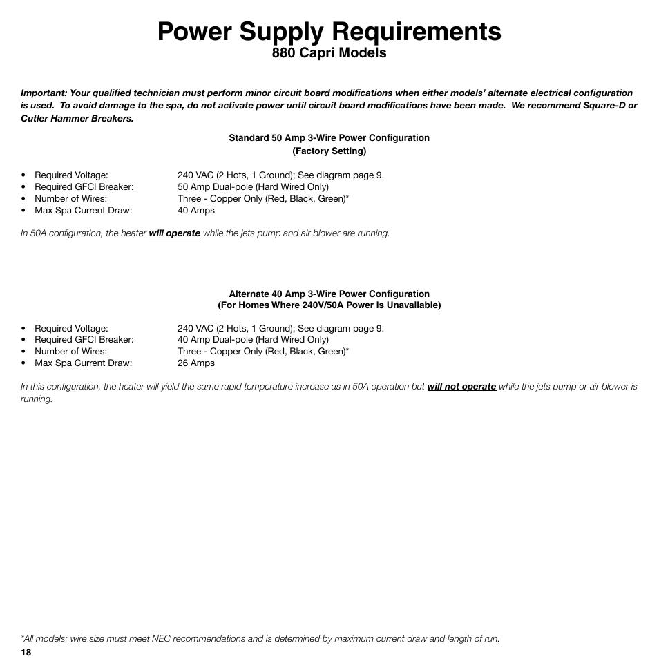 Power supply requirements, 0 capri models | Sundance Spas 850 Series User Manual | Page 18 / 24