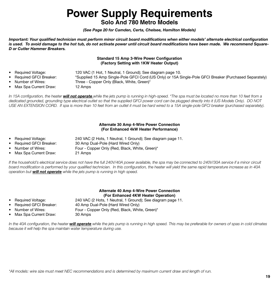 Power supply requirements, Solo and 0 metro models | Sundance Spas 850 Series User Manual | Page 19 / 24