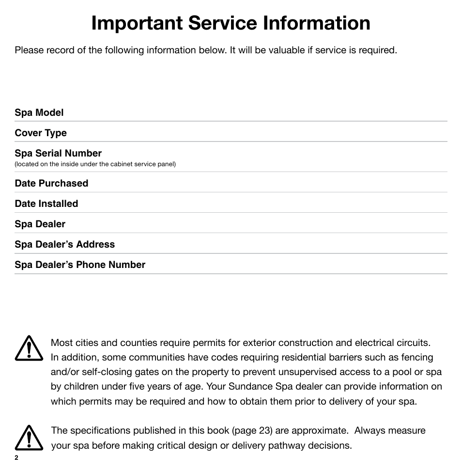 Important service information | Sundance Spas 850 Series User Manual | Page 2 / 24