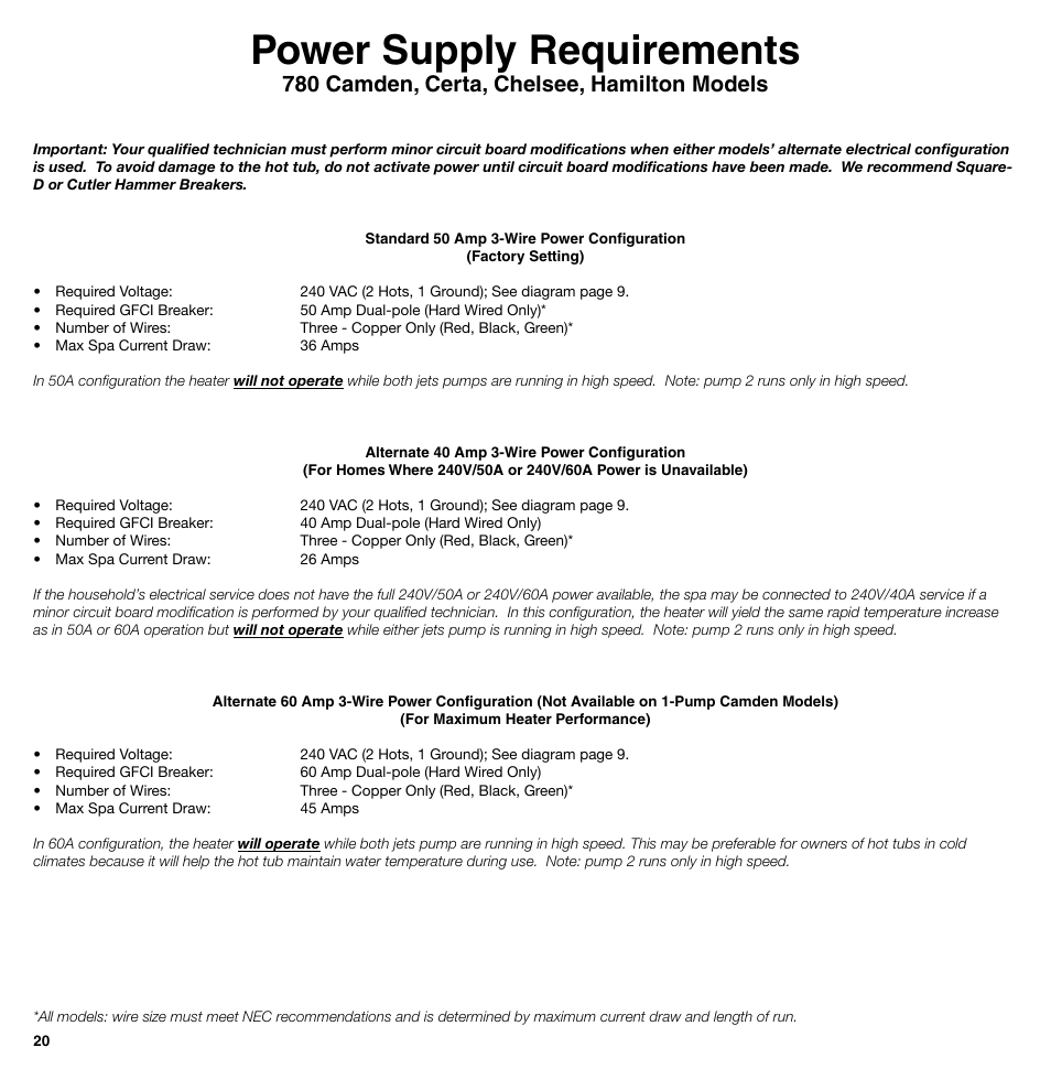 Power supply requirements, 780 camden, certa, chelsee, hamilton models | Sundance Spas 850 Series User Manual | Page 20 / 24