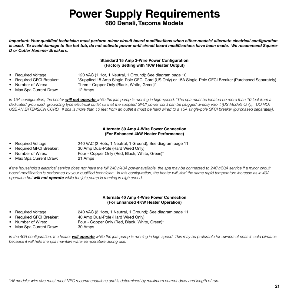 Power supply requirements, 0 denali, tacoma models | Sundance Spas 850 Series User Manual | Page 21 / 24