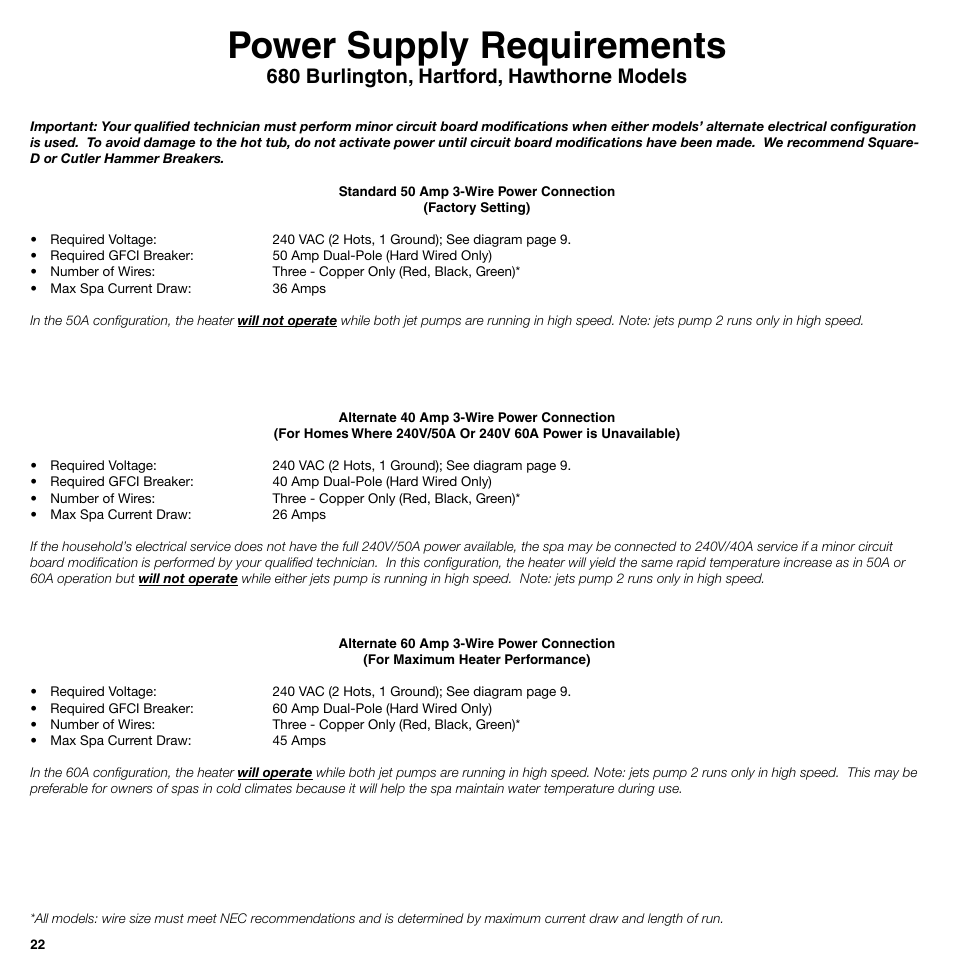Power supply requirements, 680 burlington, hartford, hawthorne models | Sundance Spas 850 Series User Manual | Page 22 / 24