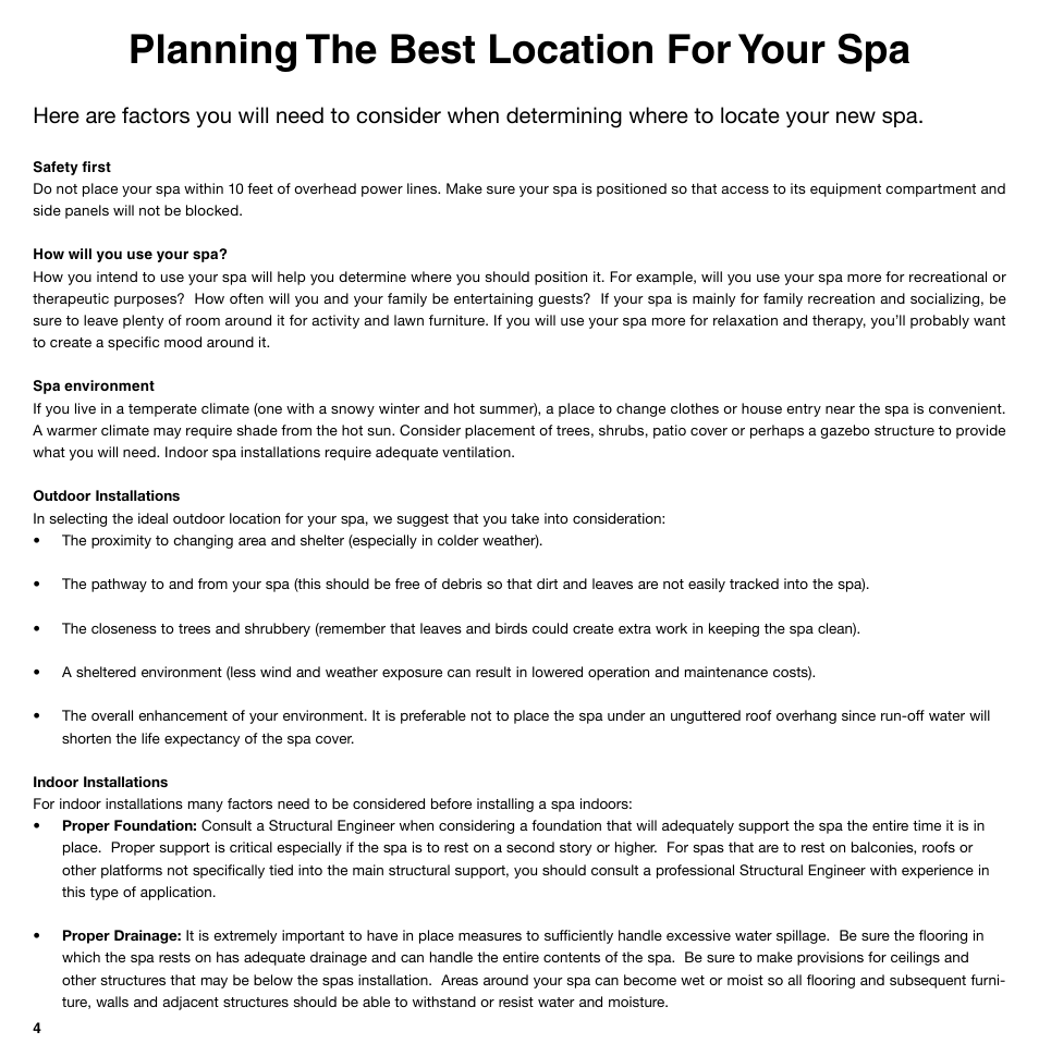 Planning the best location for your spa | Sundance Spas 850 Series User Manual | Page 4 / 24
