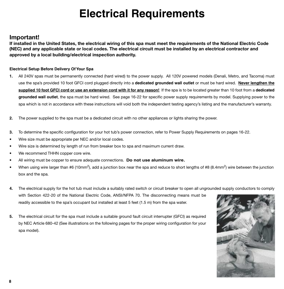 Electrical requirements, Important | Sundance Spas 850 Series User Manual | Page 8 / 24