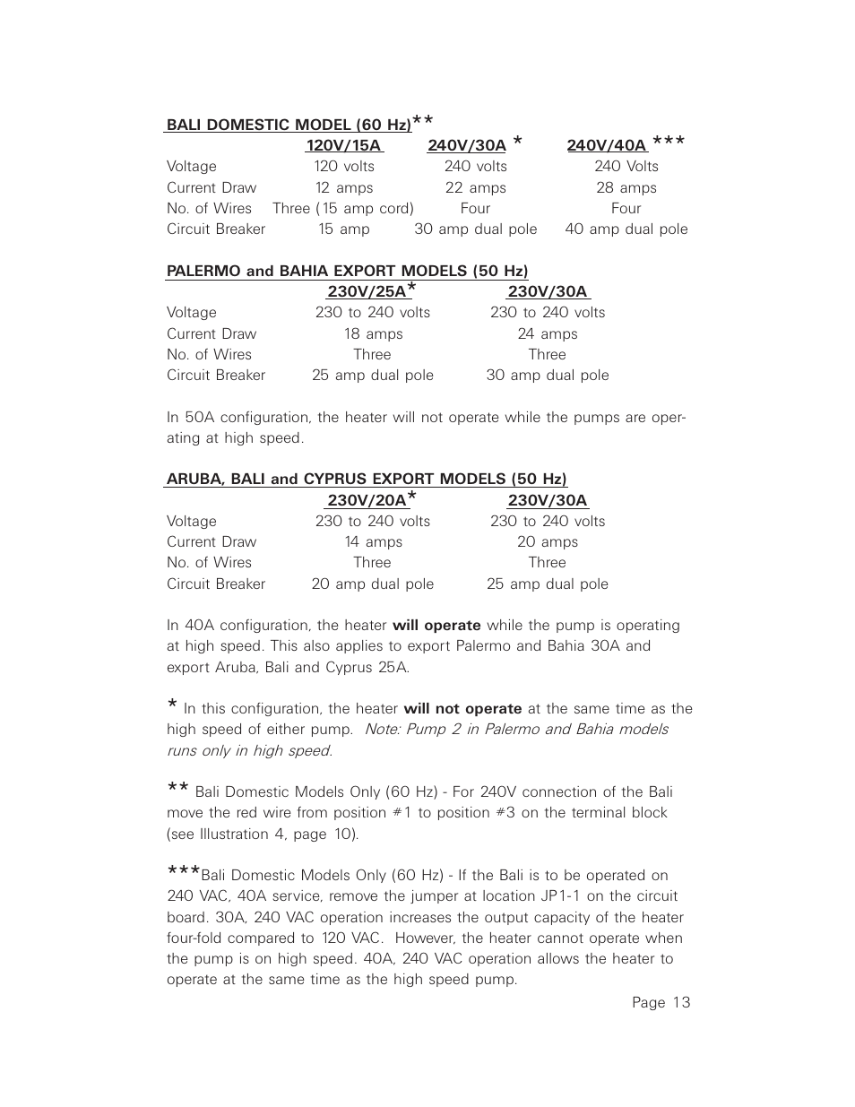Bali domestic models (60 hz), Palermo and bahia export models (50 hz), Aruba, bali, and cyprus export models (50 hz) | Sundance Spas Maxxus User Manual | Page 16 / 37